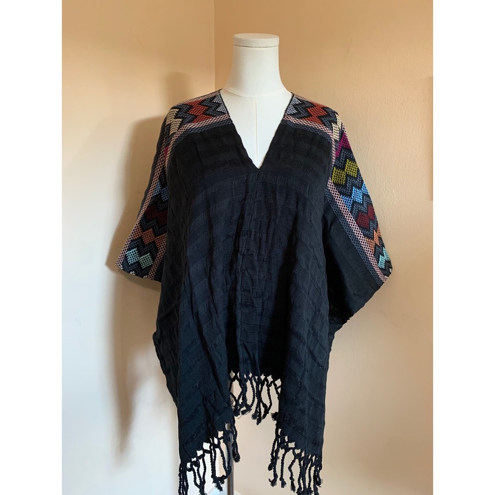 Handwoven Guatemalan Poncho Huipil Black Embroidered Tassel Fringe One Size